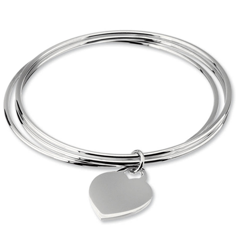 Sterling Silver Triple Bangle with Heart Charm Bracelet, 8 Inch, Item B10858 by The Black Bow Jewelry Co.