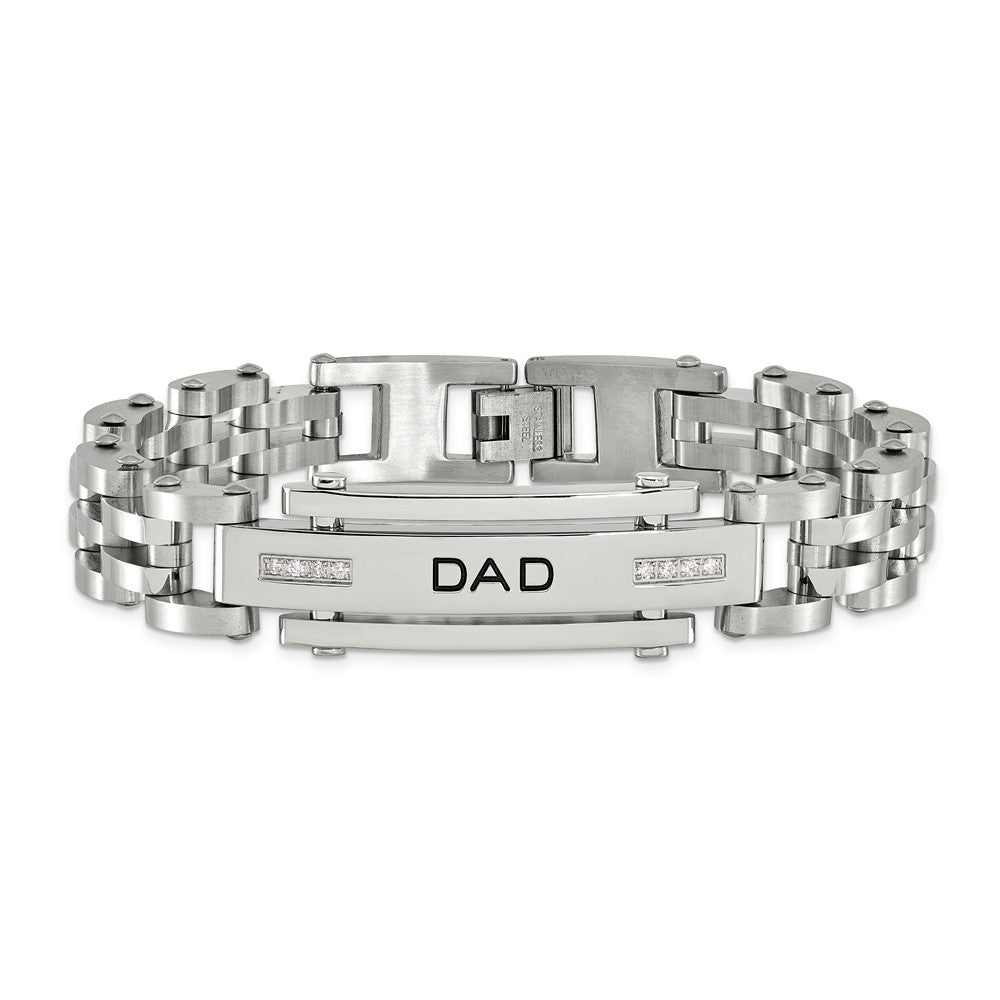 Alternate view of the Men&#39;s Stainless Steel and Cubic Zirconia DAD I.D. Bracelet, 8.5 Inch by The Black Bow Jewelry Co.