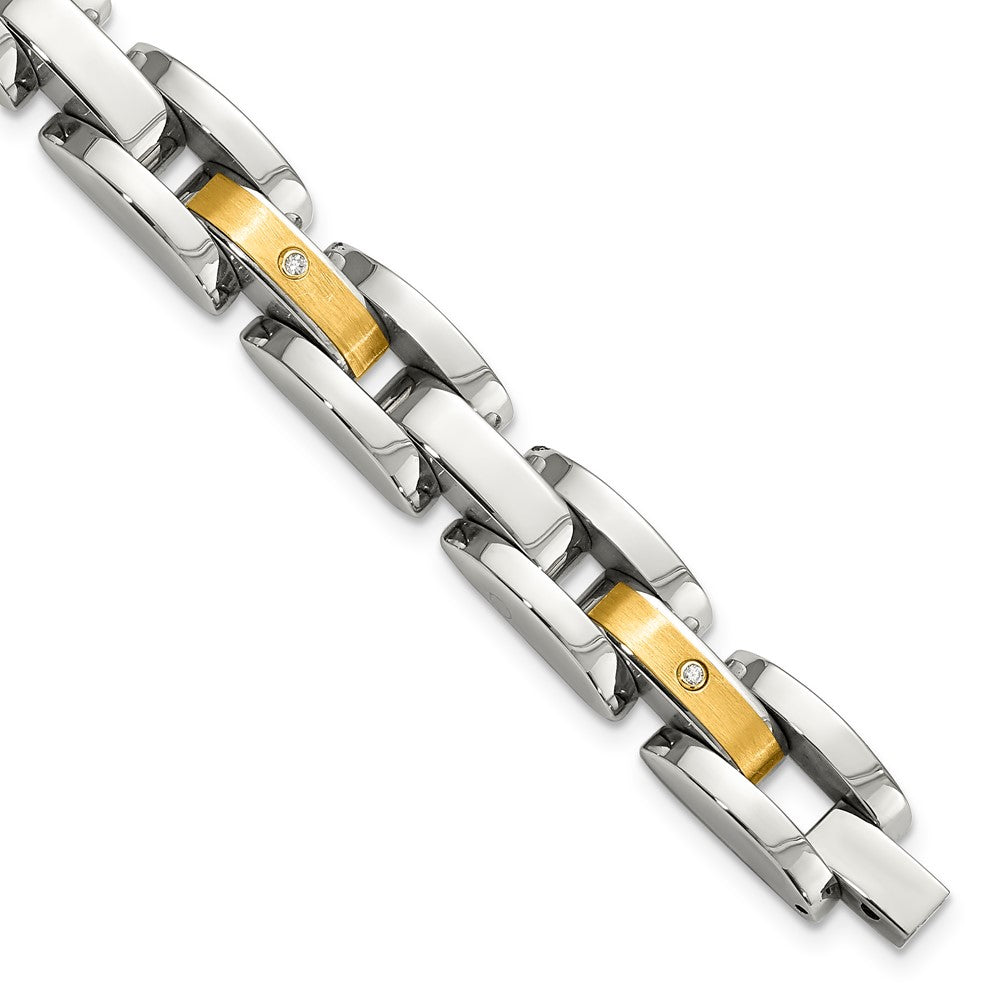 Men&#39;s Stainless Steel, Diamond and 14k Gold Plate Bracelet, 8.5 Inch, Item B10923 by The Black Bow Jewelry Co.