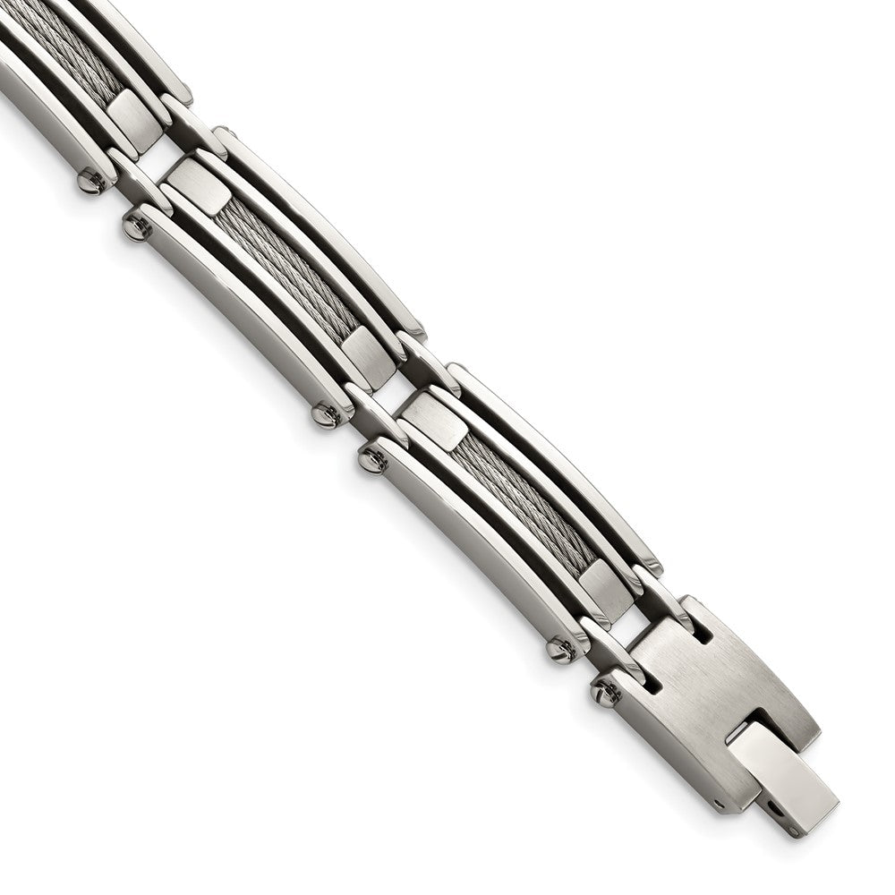 Men&#39;s Stainless Steel with Brushed Cable Inlay 9 Inch Bracelet, Item B10948 by The Black Bow Jewelry Co.