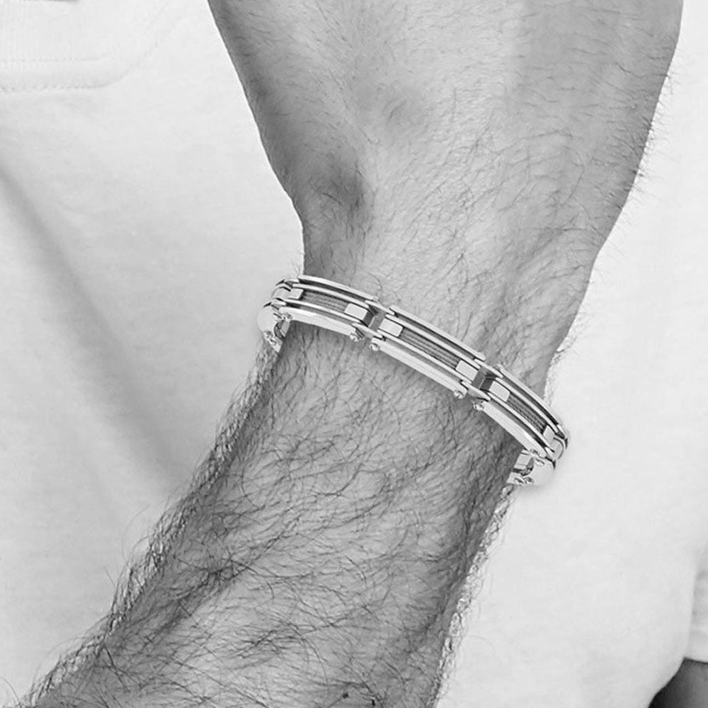 Alternate view of the Men&#39;s Stainless Steel with Brushed Cable Inlay 9 Inch Bracelet by The Black Bow Jewelry Co.