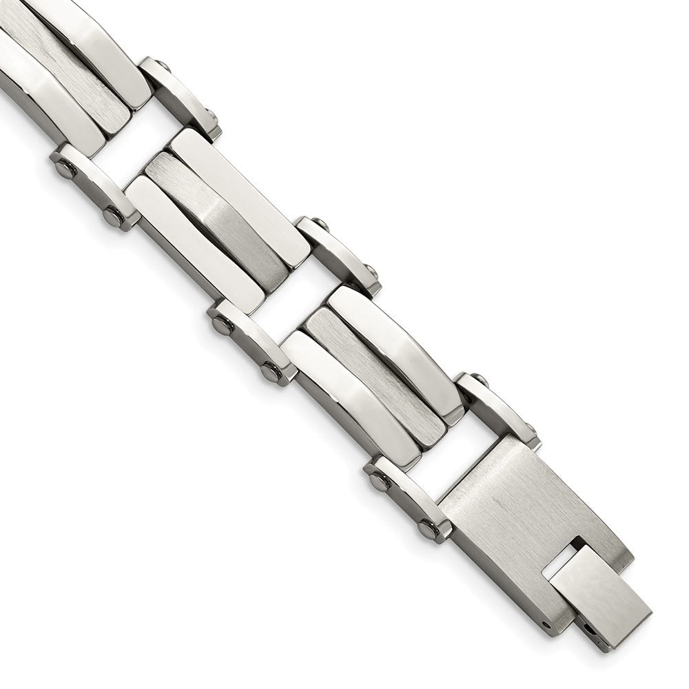 Men&#39;s 12mm Stainless Steel Polished and Satin Bracelet - 8.5 Inch, Item B10964 by The Black Bow Jewelry Co.