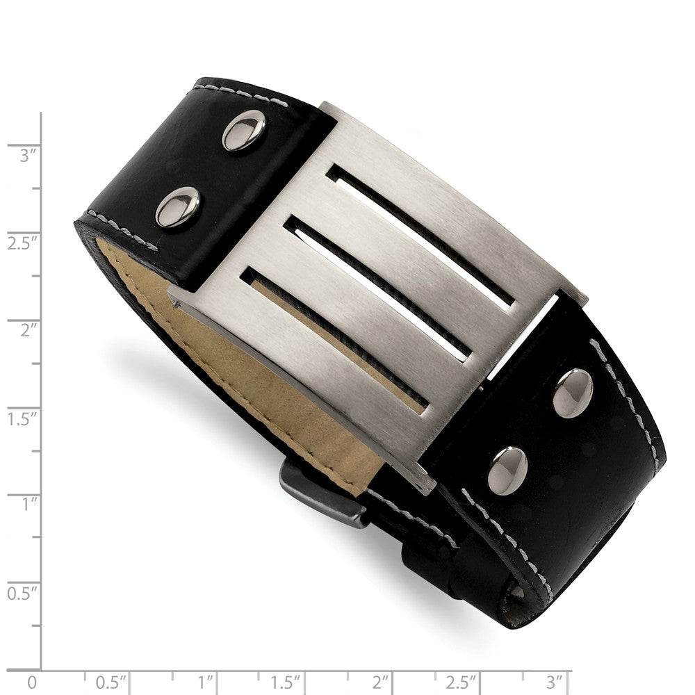 Alternate view of the Men&#39;s Stainless Steel Black Leather Adj. Buckle Bracelet, 8.75 Inch by The Black Bow Jewelry Co.