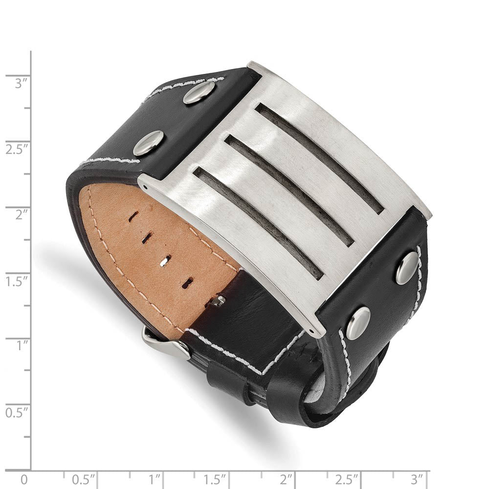 Alternate view of the Men's Stainless Steel Black Leather Adj. Buckle Bracelet, 8.75 Inch by The Black Bow Jewelry Co.