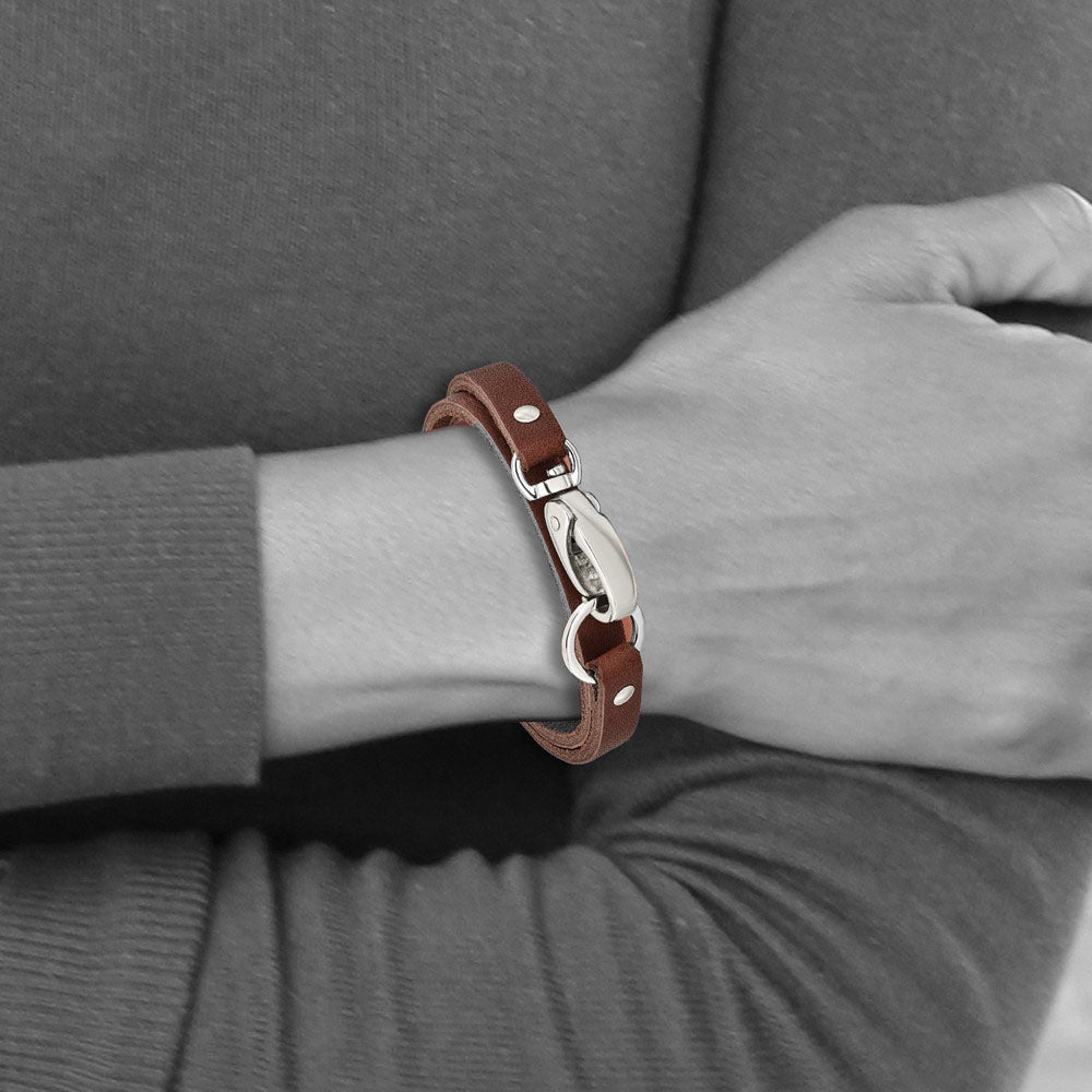 Alternate view of the Men&#39;s Dark Brown Leather Wrap and Stainless Steel Bracelet, 25 Inch by The Black Bow Jewelry Co.