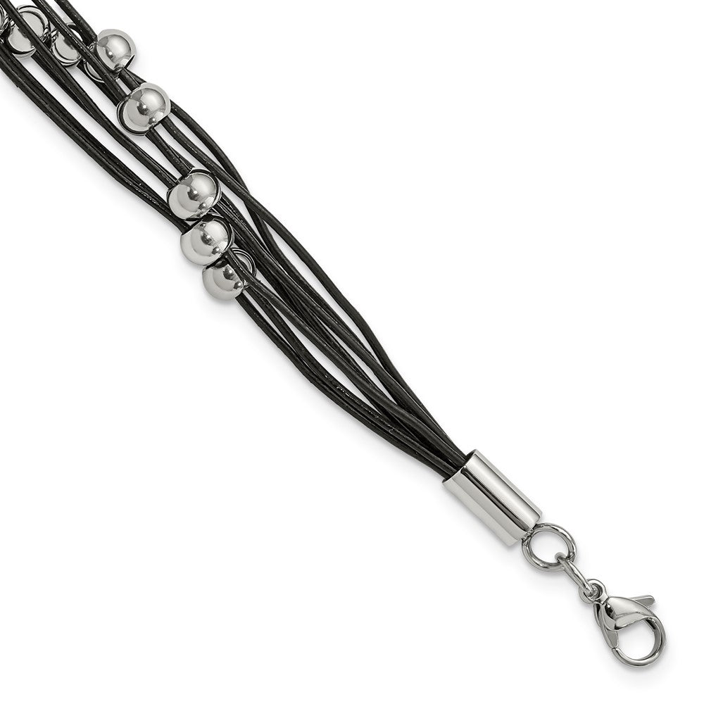 Multi Strand Black Leather Stainless Steel Bead Bracelet, 8 Inch, Item B11009 by The Black Bow Jewelry Co.