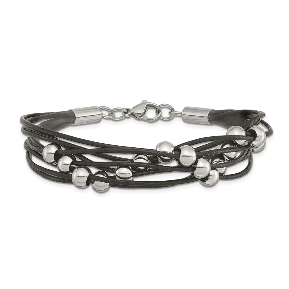 Alternate view of the Multi Strand Black Leather Stainless Steel Bead Bracelet, 8 Inch by The Black Bow Jewelry Co.