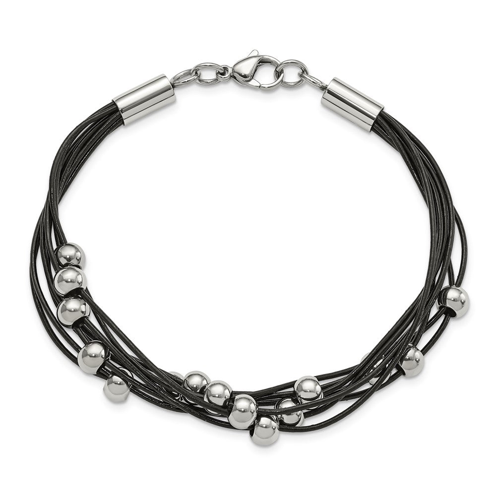 Alternate view of the Multi Strand Black Leather Stainless Steel Bead Bracelet, 8 Inch by The Black Bow Jewelry Co.
