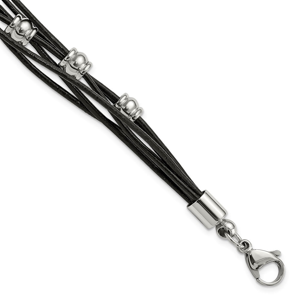 Multi Strand Black Leather Stainless Steel Bead Bracelet, 7.5 Inch, Item B11011 by The Black Bow Jewelry Co.