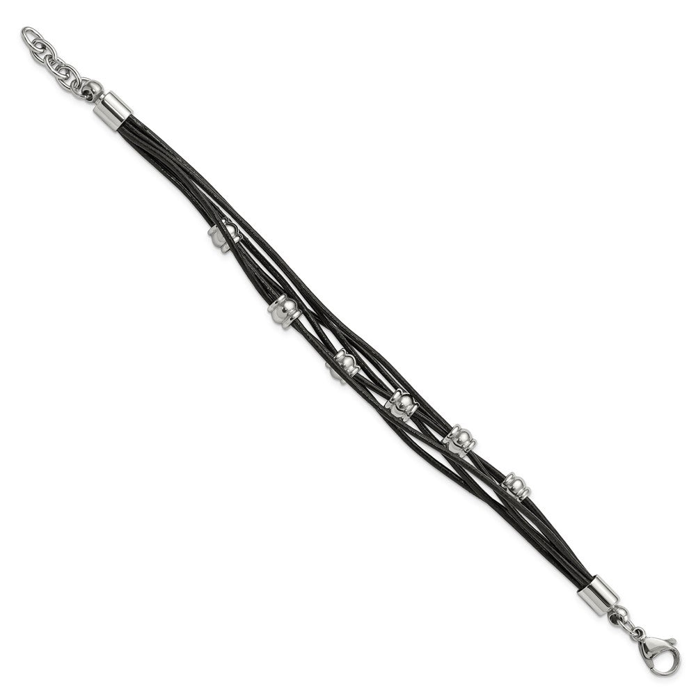 Alternate view of the Multi Strand Black Leather Stainless Steel Bead Bracelet, 7.5 Inch by The Black Bow Jewelry Co.