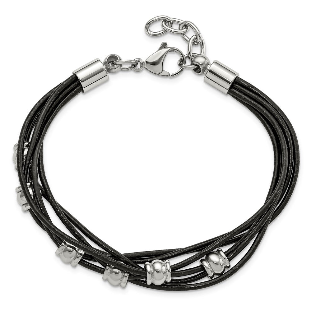 Alternate view of the Multi Strand Black Leather Stainless Steel Bead Bracelet, 7.5 Inch by The Black Bow Jewelry Co.