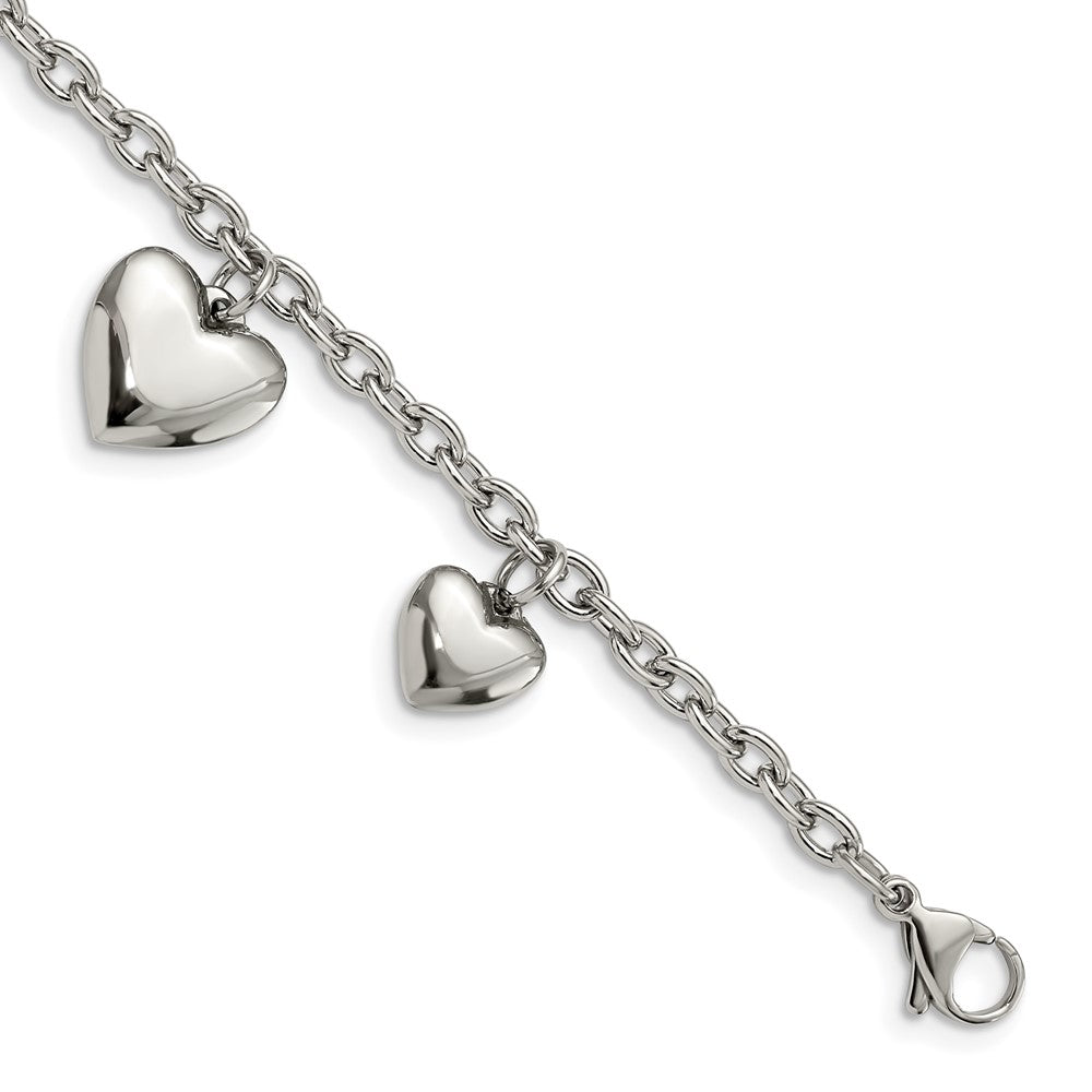 Stainless Steel Puffed Hearts Charm Bracelet, 8 Inch, Item B11036 by The Black Bow Jewelry Co.