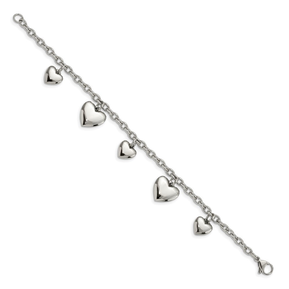 Alternate view of the Stainless Steel Puffed Hearts Charm Bracelet, 8 Inch by The Black Bow Jewelry Co.