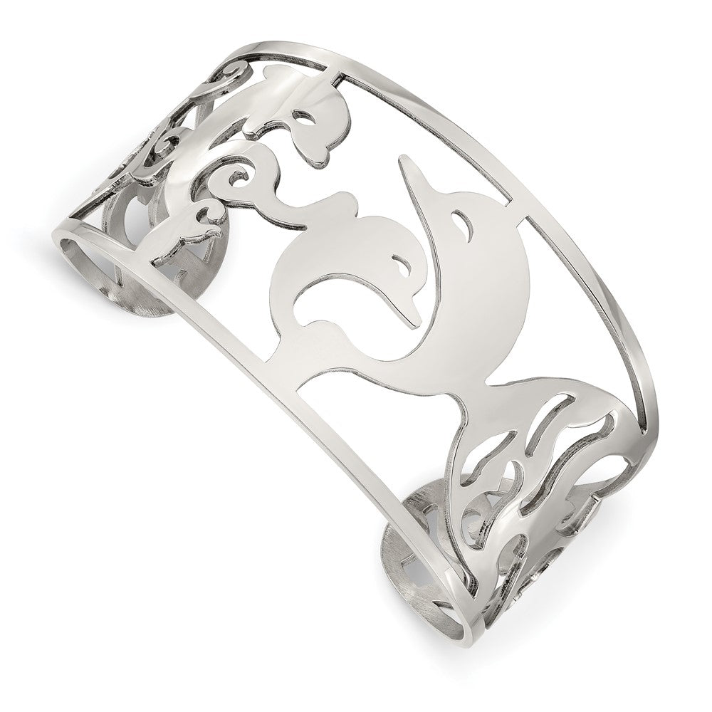 Stainless Steel Dolphins Cuff Bangle Bracelet, Item B11044 by The Black Bow Jewelry Co.