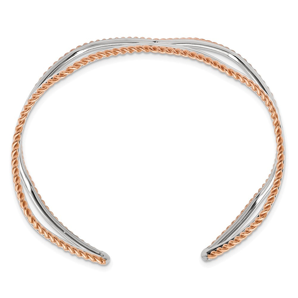 Alternate view of the Stainless Steel &amp; Rose Gold Tone Plated Textured Cuff Bangle Bracelet by The Black Bow Jewelry Co.