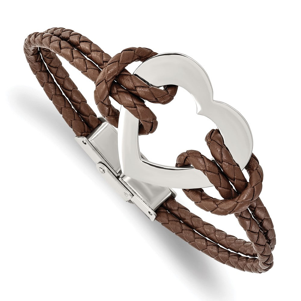 Stainless Steel Heart and Brown Leather Bracelet, 7.5 Inch, Item B11057 by The Black Bow Jewelry Co.