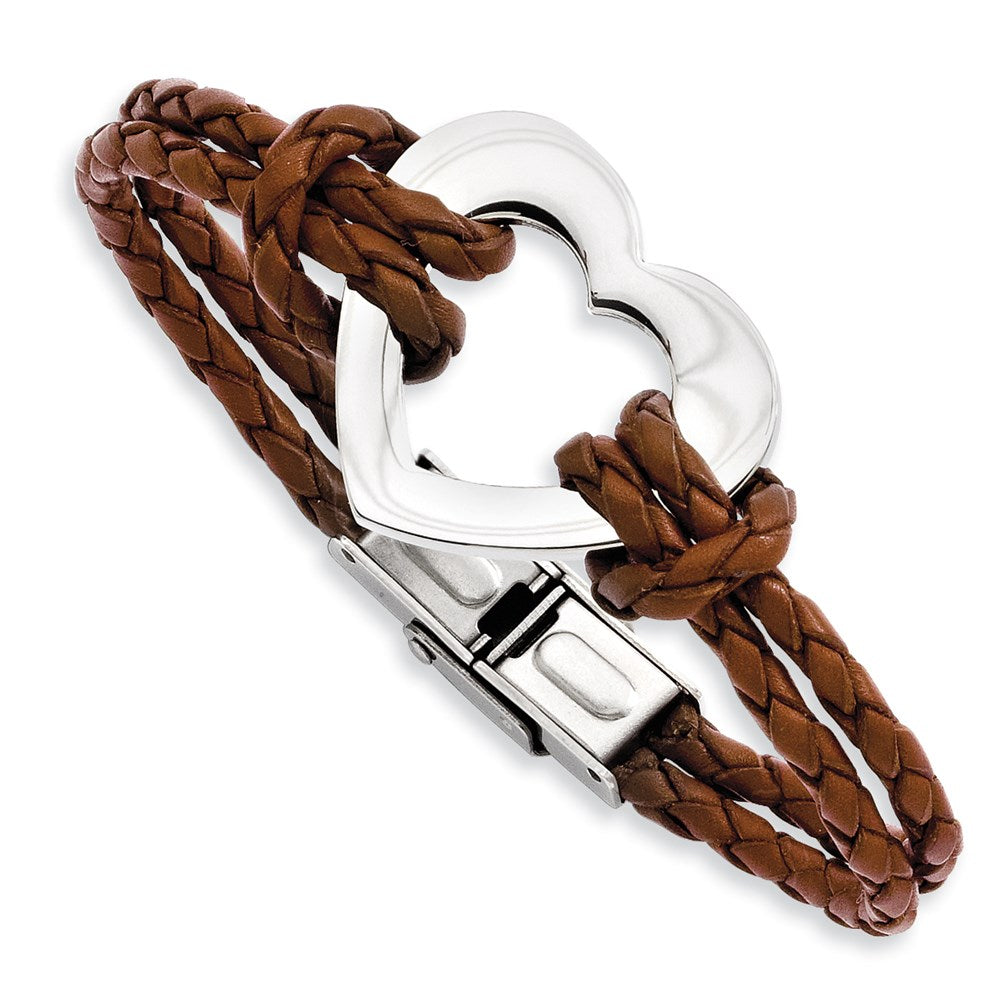Alternate view of the Stainless Steel Heart and Brown Leather Bracelet, 7.5 Inch by The Black Bow Jewelry Co.