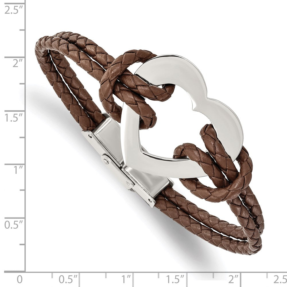 Alternate view of the Stainless Steel Heart and Brown Leather Bracelet, 7.5 Inch by The Black Bow Jewelry Co.