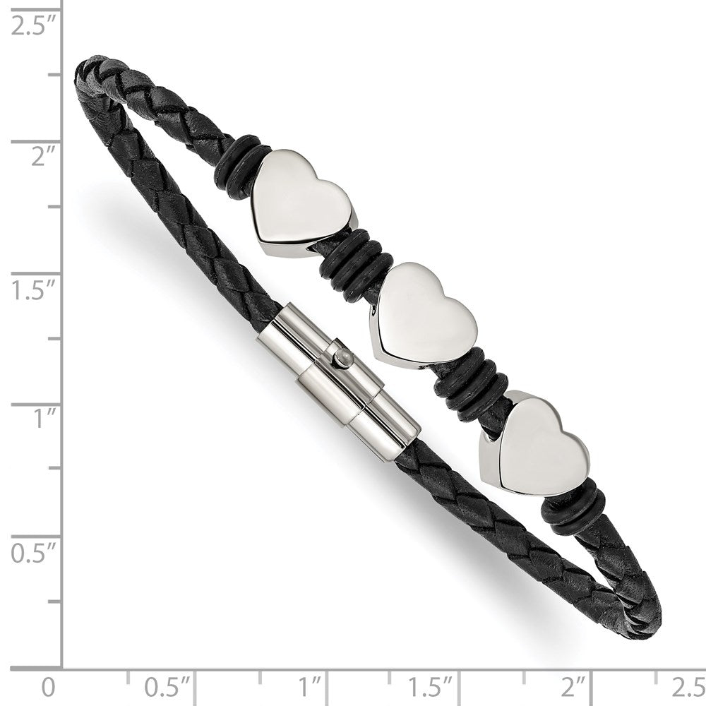 Alternate view of the Stainless Steel Hearts and Black Leather Bracelet, 7.5 Inch by The Black Bow Jewelry Co.