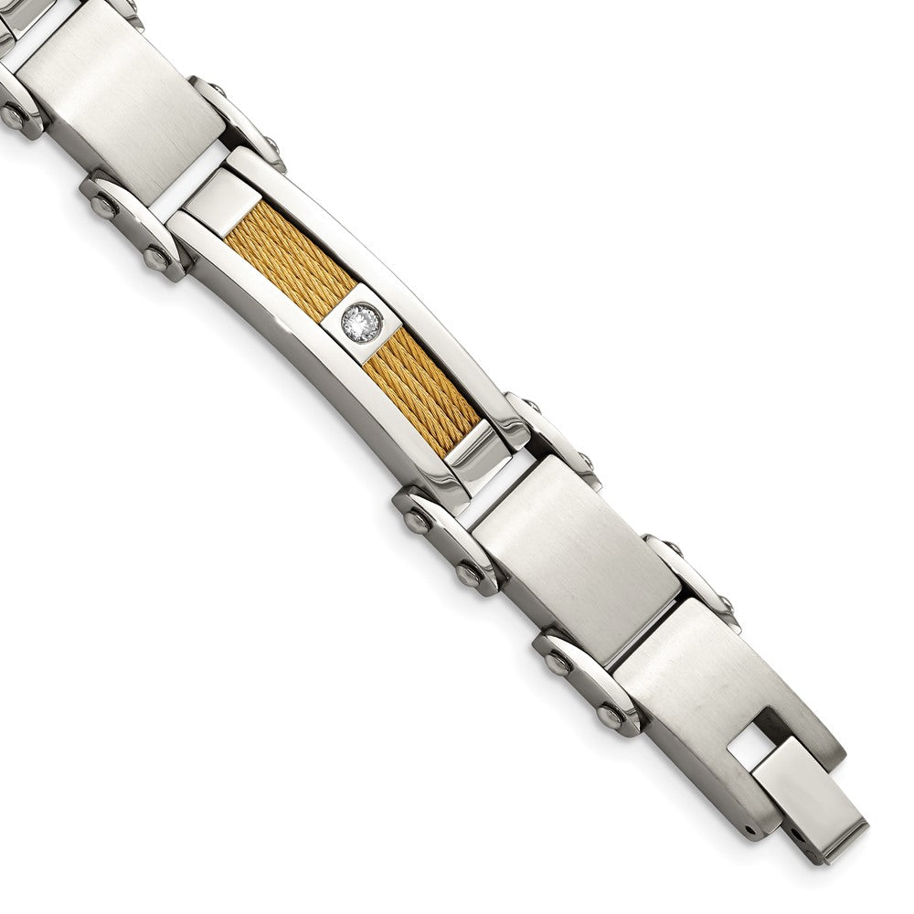 Men&#39;s Stainless Steel, Gold Tone Cable and CZ Bracelet, 8.5 Inch, Item B11075 by The Black Bow Jewelry Co.