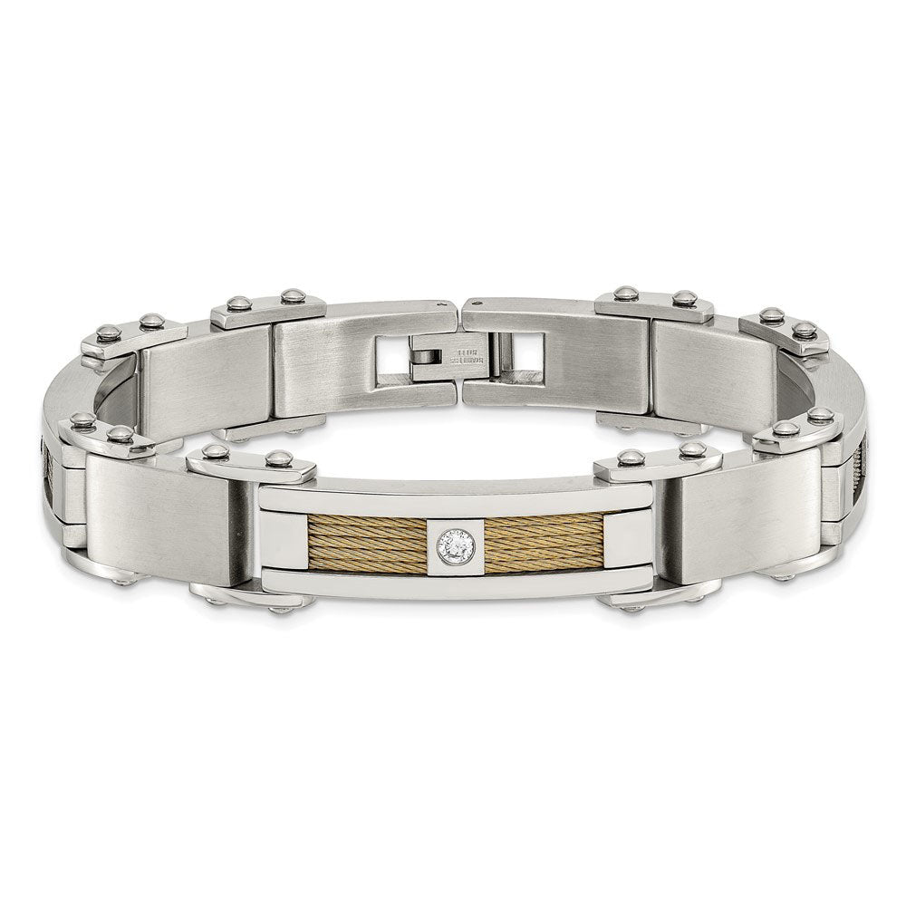 Alternate view of the Men&#39;s Stainless Steel, Gold Tone Cable and CZ Bracelet, 8.5 Inch by The Black Bow Jewelry Co.