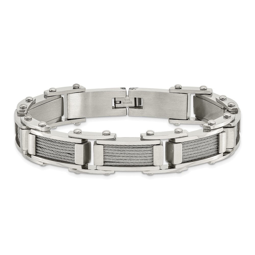 Alternate view of the Men&#39;s Stainless Steel Brushed and Polished Cable Bracelet - 8.5 Inch by The Black Bow Jewelry Co.