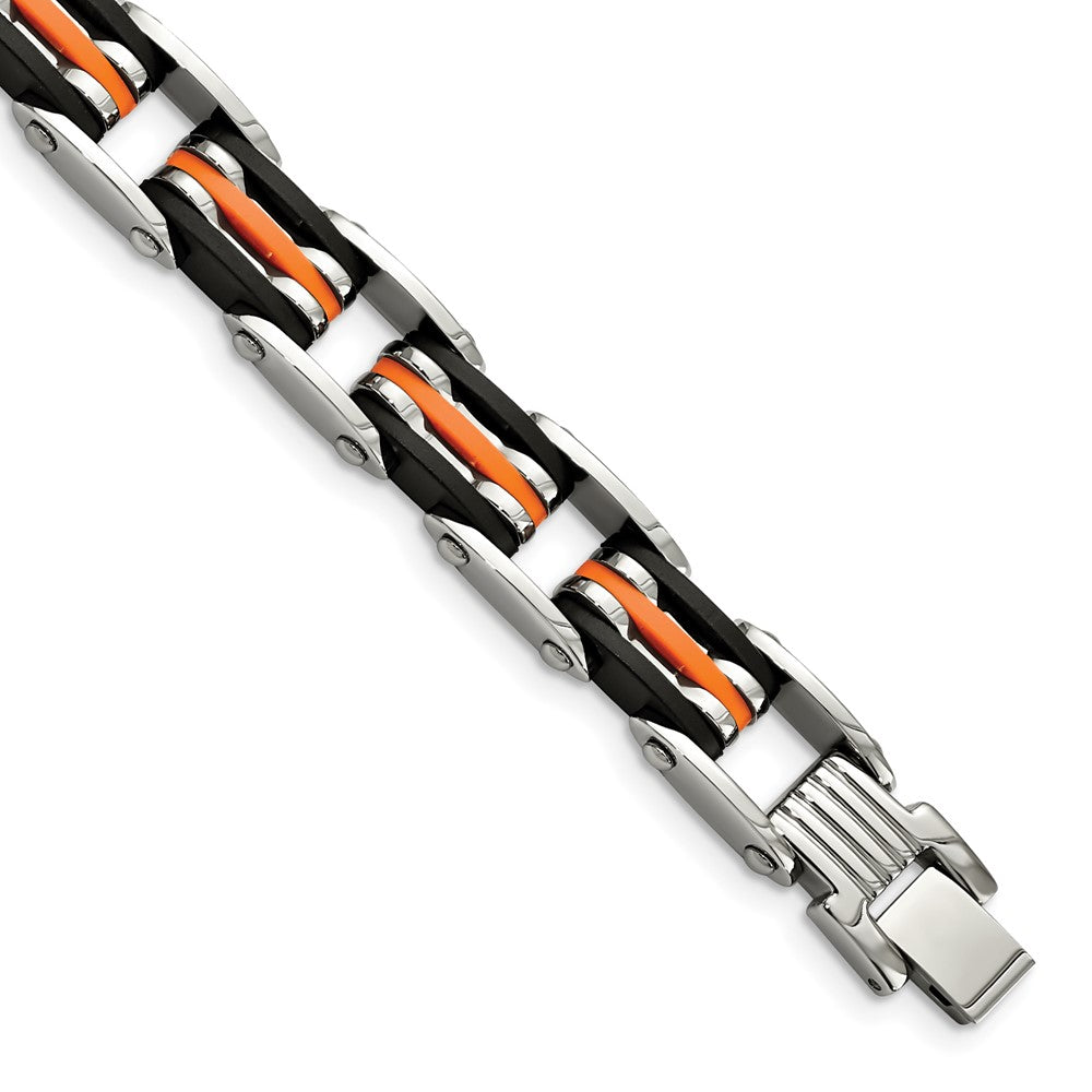 Men&#39;s Stainless Steel Black and Orange Rubber Bracelet - 8.5 Inch, Item B11112 by The Black Bow Jewelry Co.