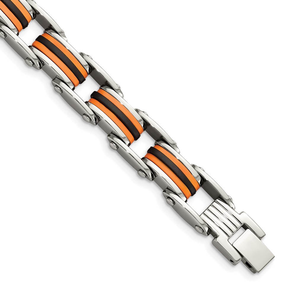 Men's Stainless Steel Orange and Black Rubber Bracelet - 8.75 Inch, Item B11113 by The Black Bow Jewelry Co.