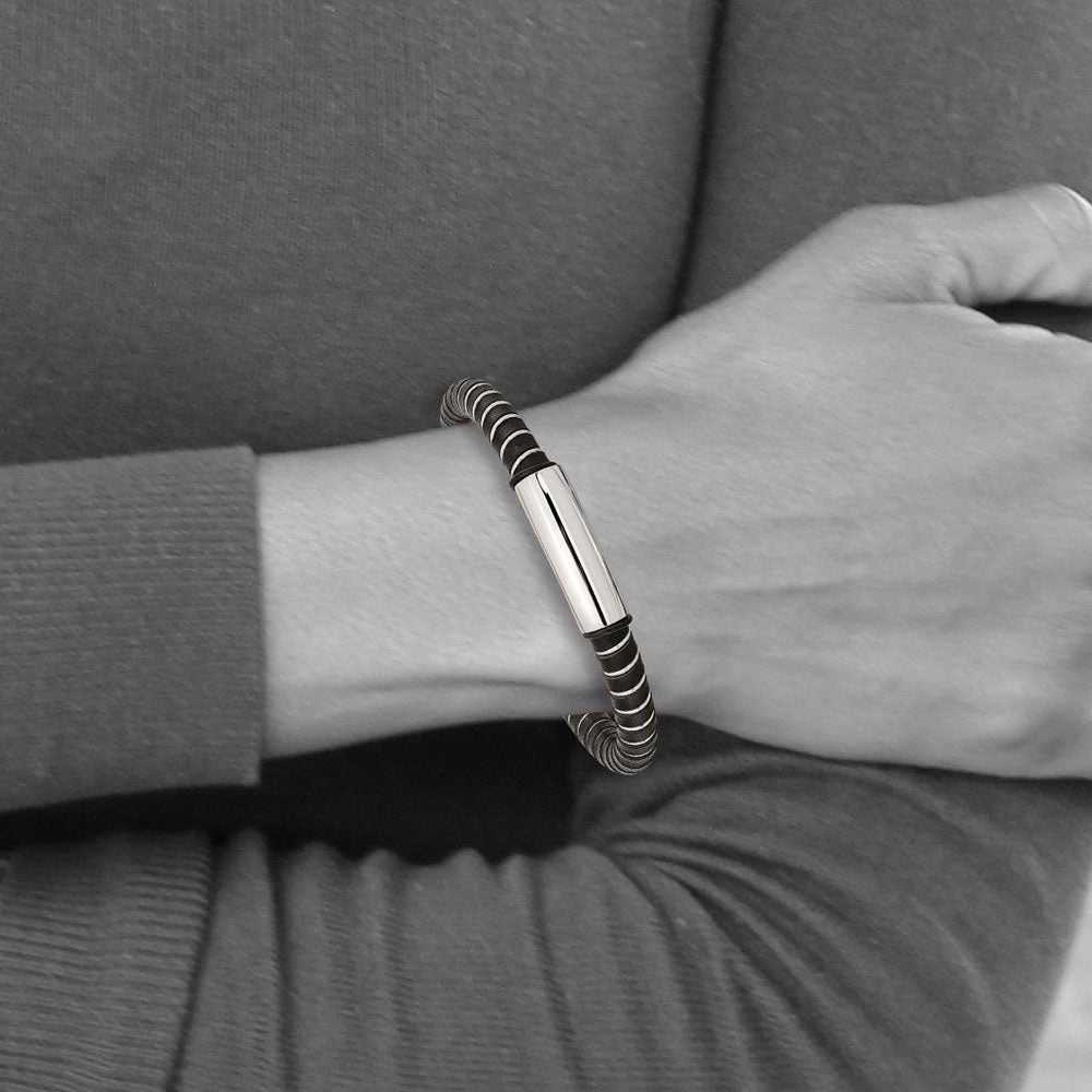 Alternate view of the Men&#39;s Black Leather and Stainless Steel Bangle Bracelet by The Black Bow Jewelry Co.