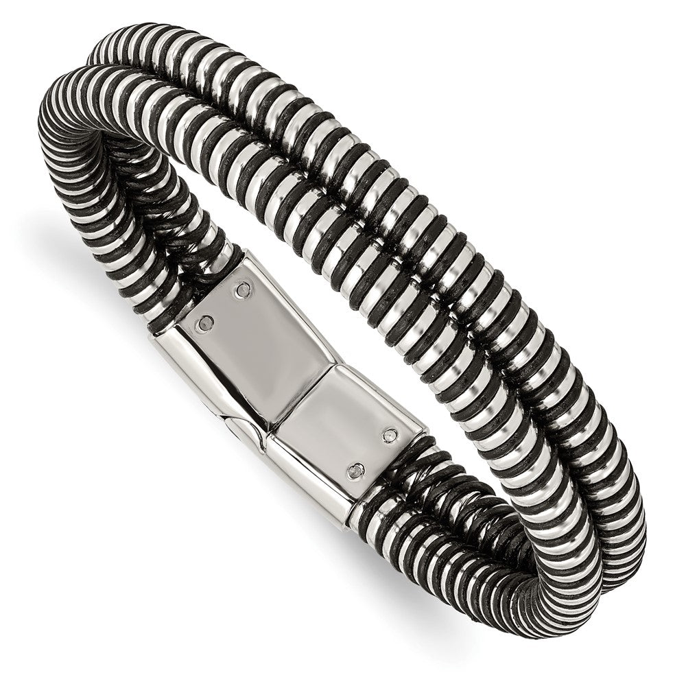 Men&#39;s Polished Stainless Steel and Black Leather Bangle Bracelet, Item B11128 by The Black Bow Jewelry Co.