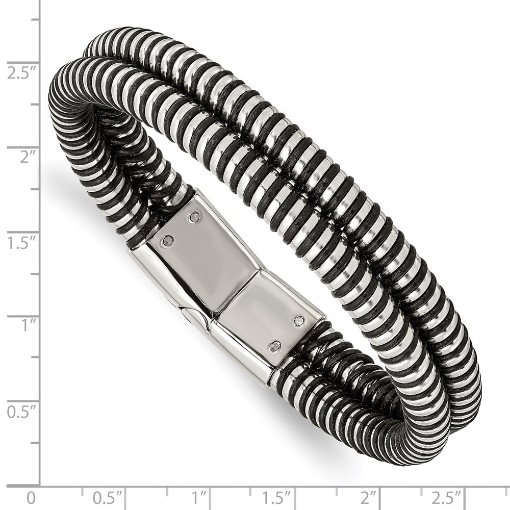 Alternate view of the Men&#39;s Polished Stainless Steel and Black Leather Bangle Bracelet by The Black Bow Jewelry Co.