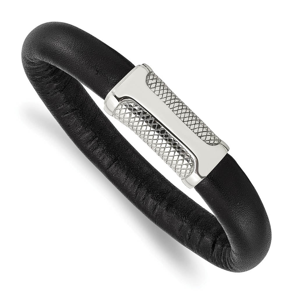 Men's Black Leather Cord & Stainless Steel Magnetic Bracelet, 8.5 Inch, Item B11132 by The Black Bow Jewelry Co.