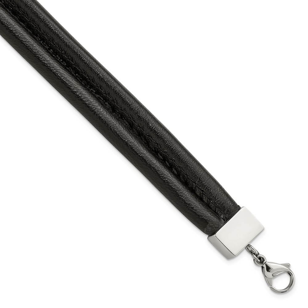 Men's Black Leather Cord & Stainless Steel Double Row Bracelet, 8.5 In, Item B11133 by The Black Bow Jewelry Co.