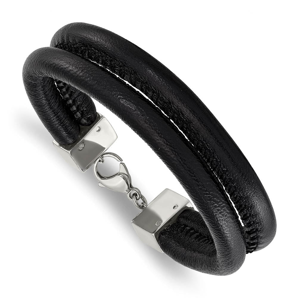 Alternate view of the Men's Black Leather Cord & Stainless Steel Double Row Bracelet, 8.5 In by The Black Bow Jewelry Co.