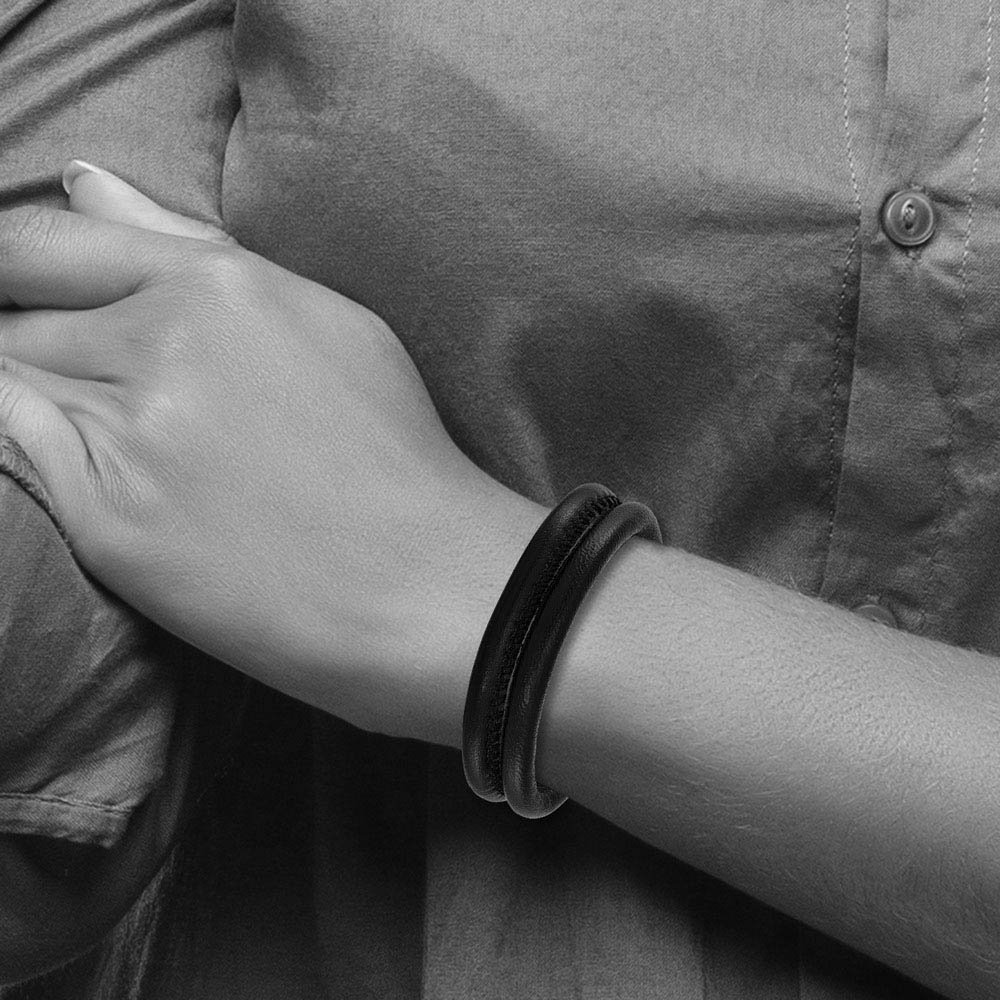Alternate view of the Men's Black Leather Cord & Stainless Steel Double Row Bracelet, 8.5 In by The Black Bow Jewelry Co.