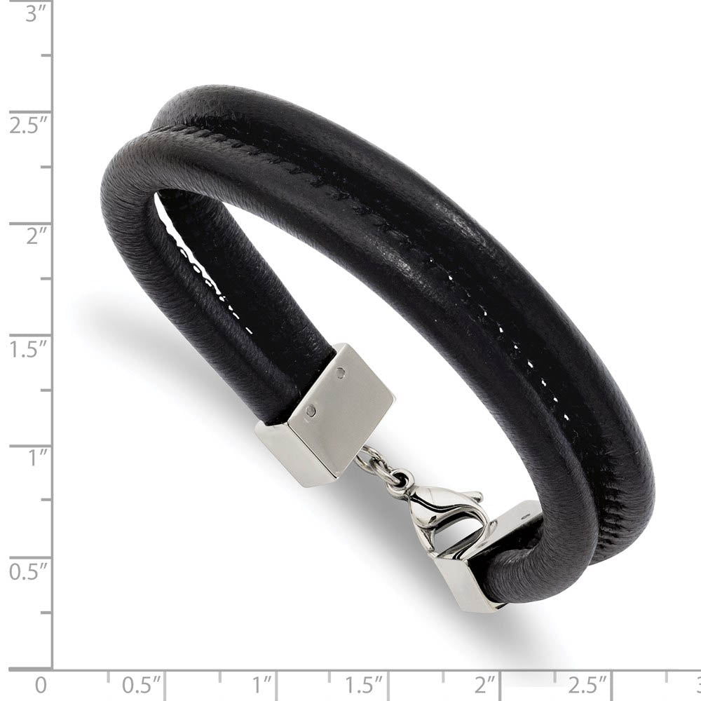 Alternate view of the Men's Black Leather Cord & Stainless Steel Double Row Bracelet, 8.5 In by The Black Bow Jewelry Co.
