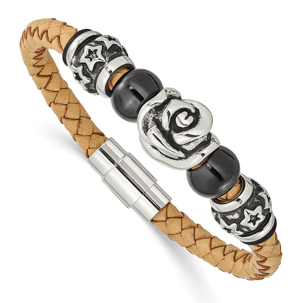 Light Tan Leather and Stainless Steel Beads Bracelet, 7.5 Inch, Item B11138 by The Black Bow Jewelry Co.