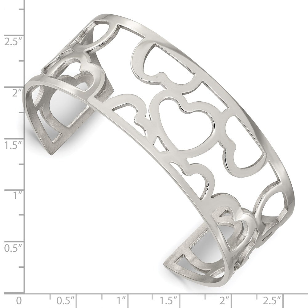 Alternate view of the Stainless Steel Hearts Cuff Bangle Bracelet, 7 Inch by The Black Bow Jewelry Co.