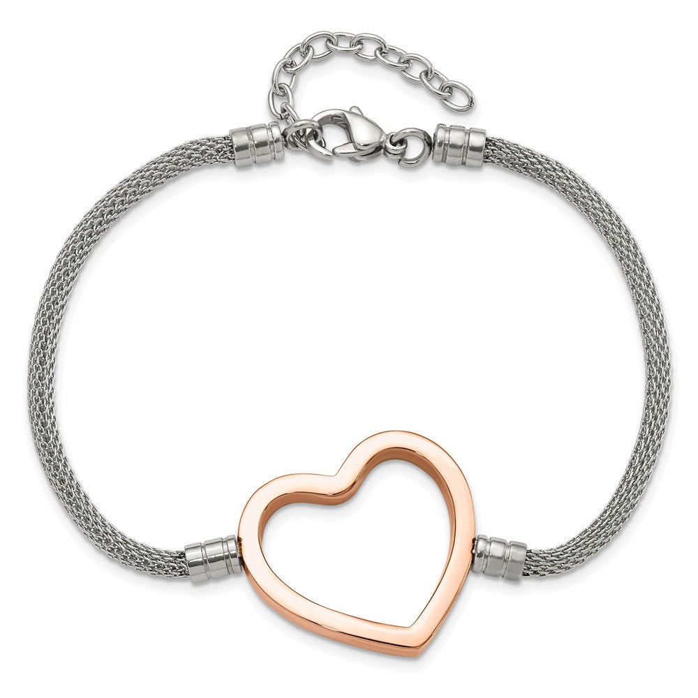 Alternate view of the Stainless Steel and Rose Gold Tone Plated Heart Adjustable Bracelet by The Black Bow Jewelry Co.