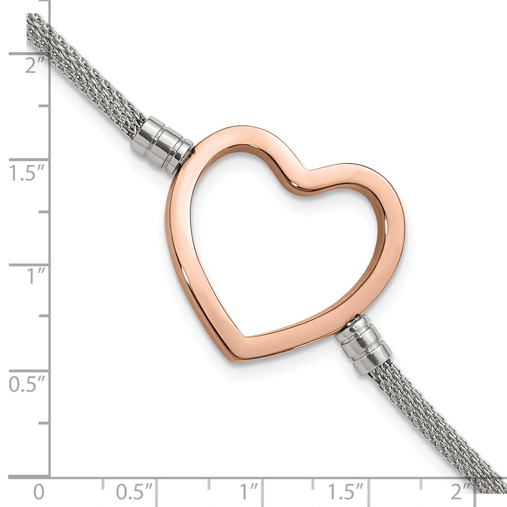 Alternate view of the Stainless Steel and Rose Gold Tone Plated Heart Adjustable Bracelet by The Black Bow Jewelry Co.