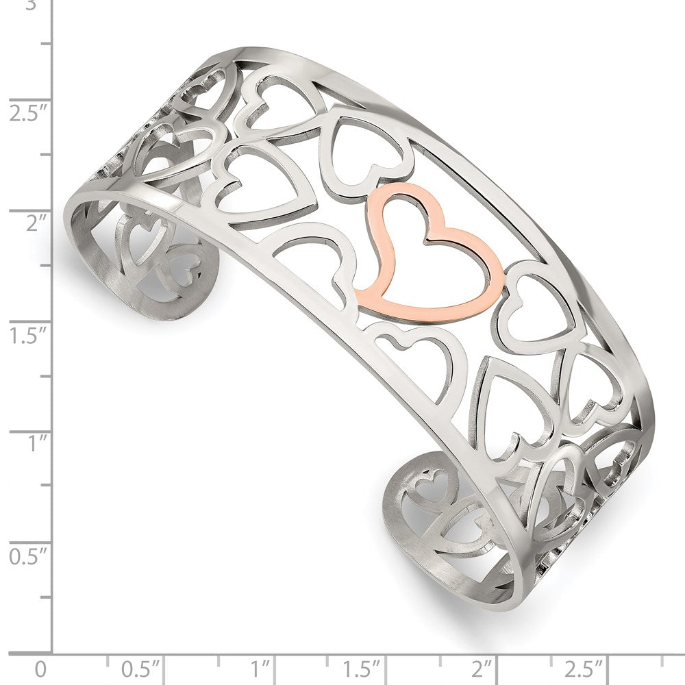 Alternate view of the Stainless Steel and Rose Gold Tone Plated Hearts Cuff Bracelet by The Black Bow Jewelry Co.