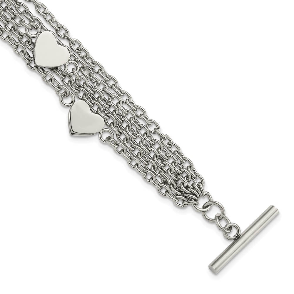 Stainless Steel Multiple Chain Heart Charm Toggle Bracelet,