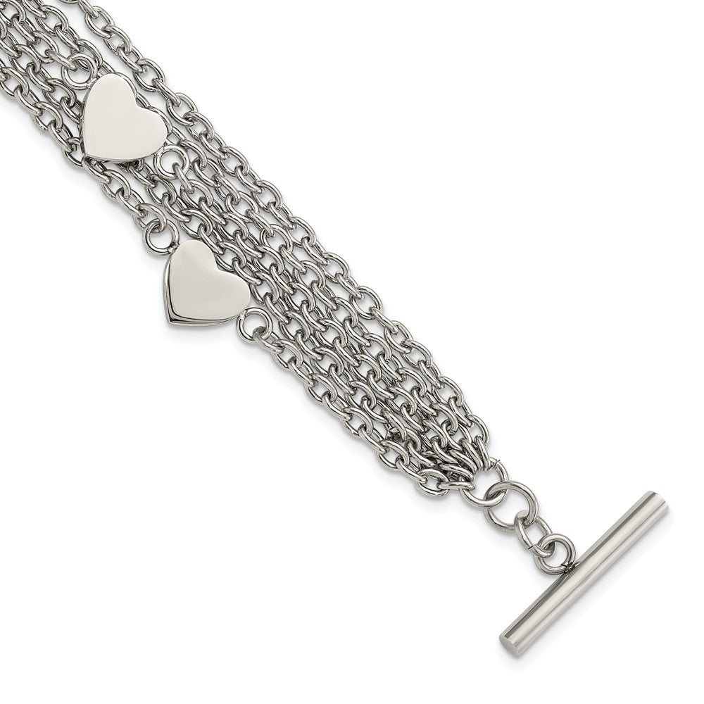 Stainless Steel Multiple Chain &amp; Heart Charm Toggle Bracelet, 8 Inch, Item B11156 by The Black Bow Jewelry Co.