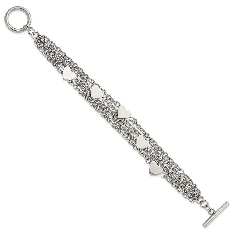 Alternate view of the Stainless Steel Multiple Chain &amp; Heart Charm Toggle Bracelet, 8 Inch by The Black Bow Jewelry Co.