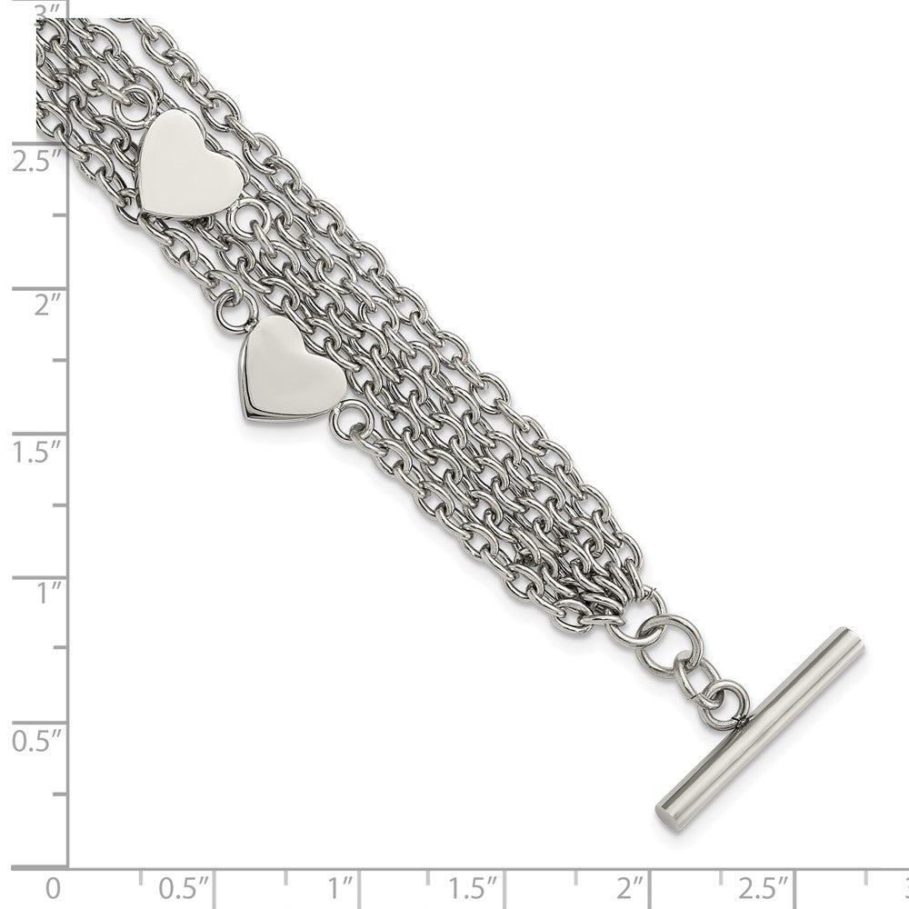 Alternate view of the Stainless Steel Multiple Chain &amp; Heart Charm Toggle Bracelet, 8 Inch by The Black Bow Jewelry Co.