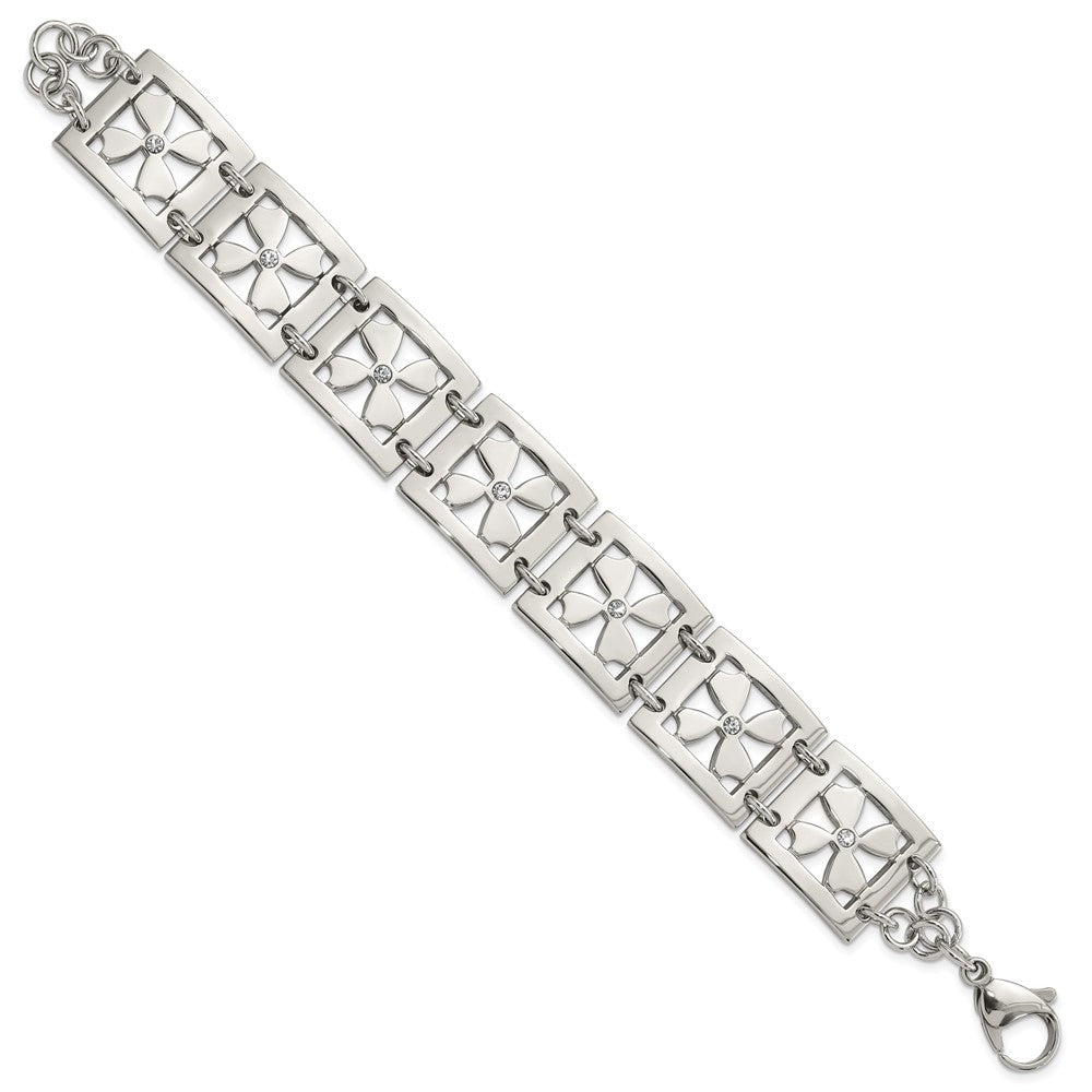 Alternate view of the Stainless Steel and Cubic Zirconia Flower Link Bracelet, 7.5 Inch by The Black Bow Jewelry Co.