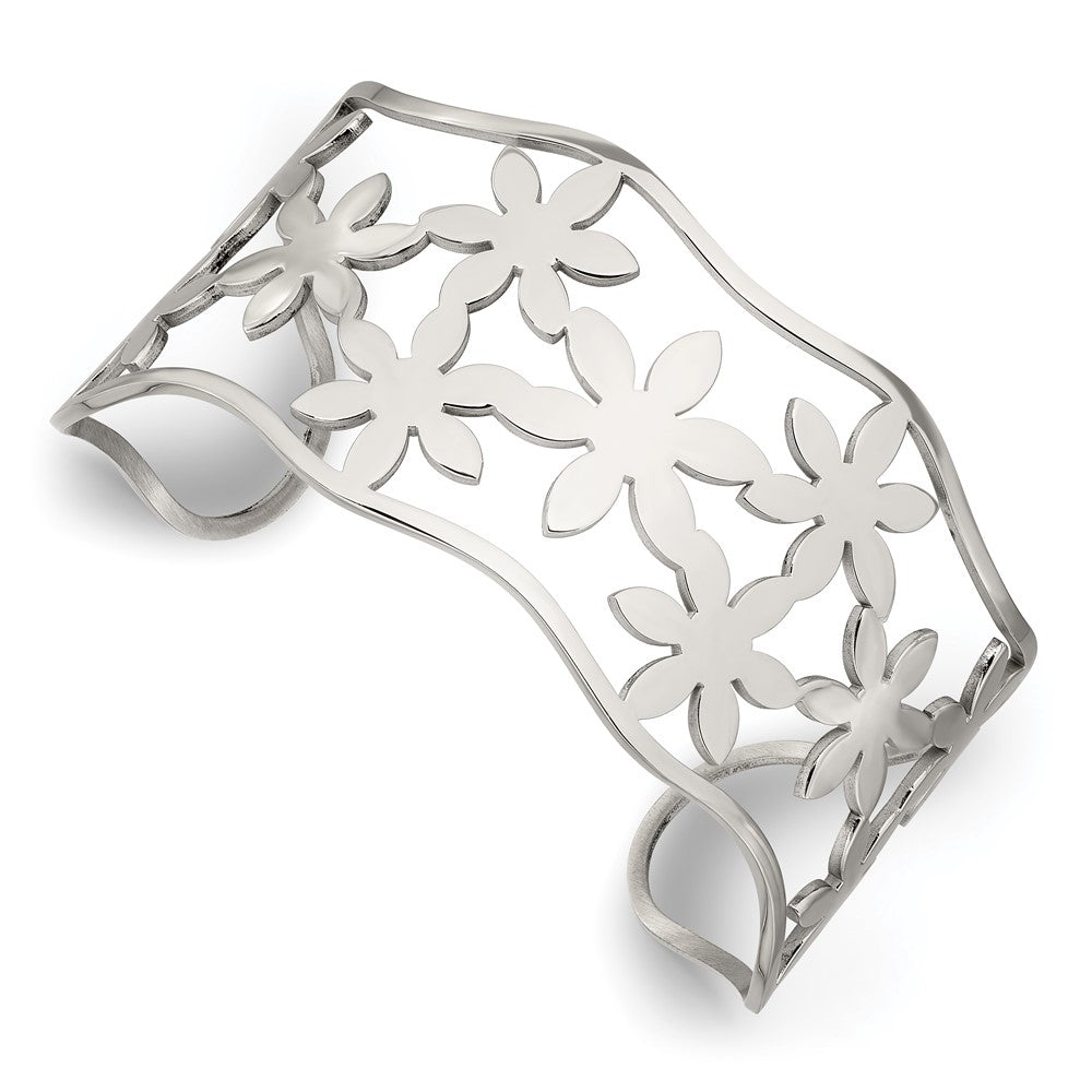 Stainless Steel 35mm Open Flowers Cuff Bangle Bracelet, Item B11160 by The Black Bow Jewelry Co.