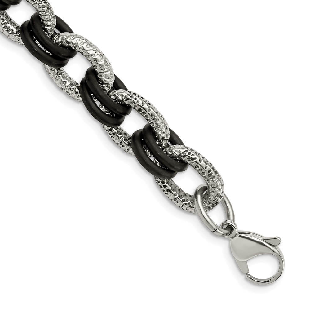 Men's Stainless Steel and Black Rubber Cable Chain Bracelet, 9 Inch, Item B11163 by The Black Bow Jewelry Co.