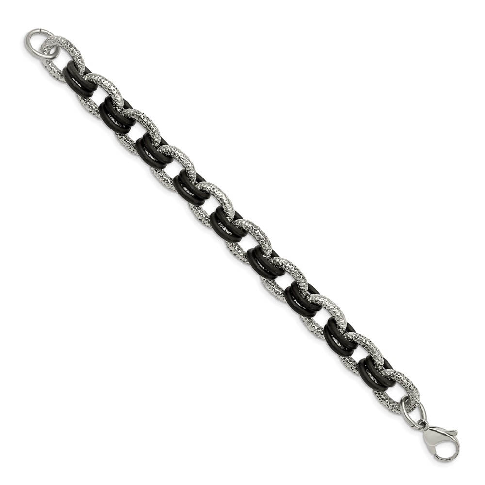 Alternate view of the Men's Stainless Steel and Black Rubber Cable Chain Bracelet, 9 Inch by The Black Bow Jewelry Co.