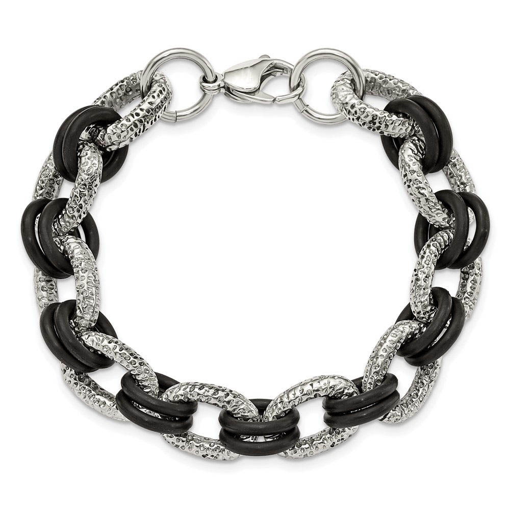 Alternate view of the Men's Stainless Steel and Black Rubber Cable Chain Bracelet, 9 Inch by The Black Bow Jewelry Co.